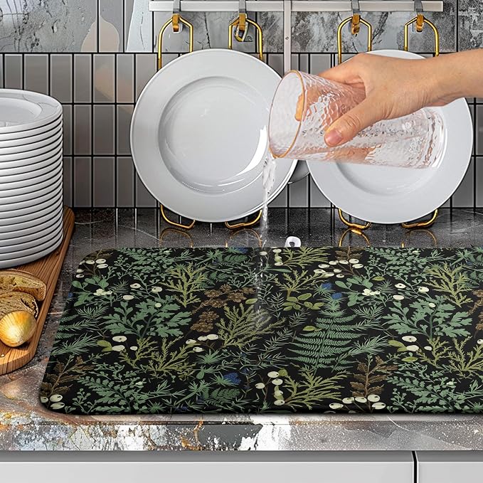 Black Sage Green Plant Dish Drying Mat for Kitchen Counter Vintage Botanic Fern Leaves Floral Dish Drainer Mats Absorbent Microfiber Dishes Pad Reusable Washable Large Dish Draining Mat 18x24 Inch