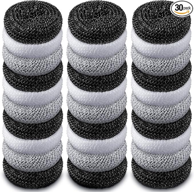 Blulu 30 Pieces Plastic Dish Scrubbers for Dishes Pot Round Nylon Pad, Mesh Scouring Non Scratch Pads (Simple Colors)