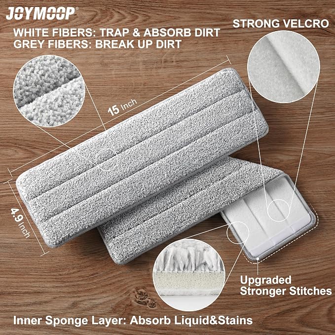 JOYMOOP Microfiber Flat Mop Pads for 13" Flat Mop System, Washable Replacement Cleaning Pads, Pack of 4, Grey and Stripe