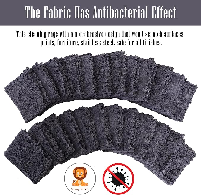 Sunny zzzZZ 24 Pack Kitchen Dishcloths - Does Not Shed Fluff - Reusable Dish Towels, Dish Cloths, Super Absorbent Coral Fleece Cleaning Cloths, Nonstick Oil Washable Fast Drying, 7 x 9 Inch (Grey)