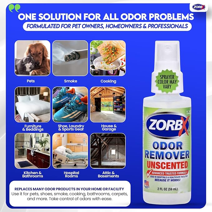 ZORBX Unscented Odor Eliminator Spray 2 Oz 24-Pack, Bulk, Hospital-Grade | Permanent Odor Remover for Incontinence, Pet & Human Urine, Strong Odors, Carpet, Fabric, Upholstery, Home & Commercial Use