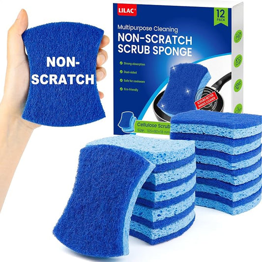 LILAC Non Scratch Sponges, 12 Count, Natural Cellulose Scrub Sponge for Dishes, Non Stick Cookware, Kitchen, Bathroom, Household (Blue)