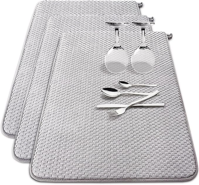 3 Pack Microfiber Dish Drying Mat,24 x 17 inch Super Absorbent Drying Pad,Large Size Dish Drying Mat for Countertops,Sinks,Draining Racks,Gray