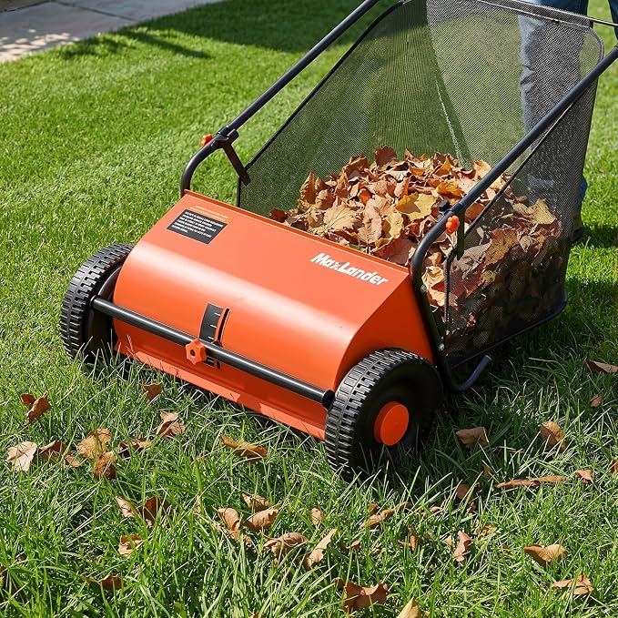 MAXLANDER 26" Lawn Sweeper for Leaves & Grass, Push Behind Yard Cleaner with 7 Cu.Ft. Hopper Bag, Adjustable Height Brushes & Smooth Rolling Rubber Wheels Grass Catchers