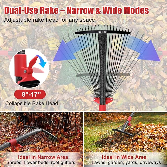 Garden Leaf Rakes for Leaves - 85" Adjustable Roof Cleaning Rake with Expandable Steel Head (8”-17”), Collapsible for Gardening Beds,Lawn,Shrub,Small Areas,Pine Needle& Camping Use