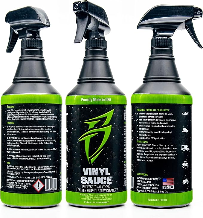 Boat Bling VS-0032 Vinyl Sauce Premium Vinyl and Leather Cleaner, 32 Oz., for Boats, RVs, Powersport Vehicles and More | Marine cleaner lifts grime and sunblock from vinyl interiors with a non-caustic mist-and-wipe formula; OEM approved
