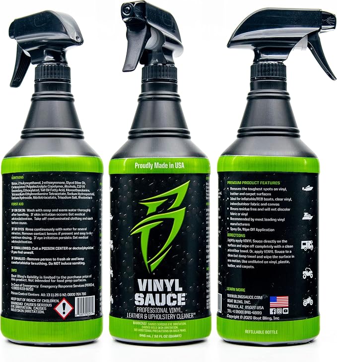 Boat Bling Vinyl Sauce Boat Seat and Upholstery Cleaning Spray, 1 Gallon | Marine cleaner lifts grime and sunblock from vinyl interiors with a non-caustic mist-and-wipe formula; OEM approved
