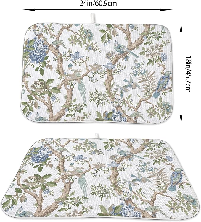 Blue Green Floral Bird Dish Drying Mats 18x24 Inch Blue Green Vintage Flowers Bird Chinoiserie Decorative Drying Mats Outdoor Kitchen Decor Coffee Bar Mat for Kitchen Dining Room
