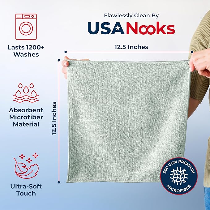 USANOOKS Microfiber Cleaning Cloth - Sea Green - 50Pcs (12.5x12.5 inch) High Performance - 1200 Washes, Ultra Absorbent Car Towel Traps Grime & Liquid for Streak-Free Mirror Shine - car Washing Cloth