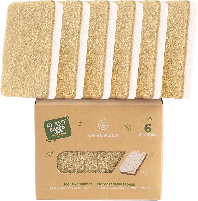 GREENZLA 6 Pack Kitchen Sponges | Non-Scratch Hemp & Sisal | Dual-sided: scrubbing + absorbent cellulose | Odor-resistant | Biodegradable | Dishes, sinks & bathtubs