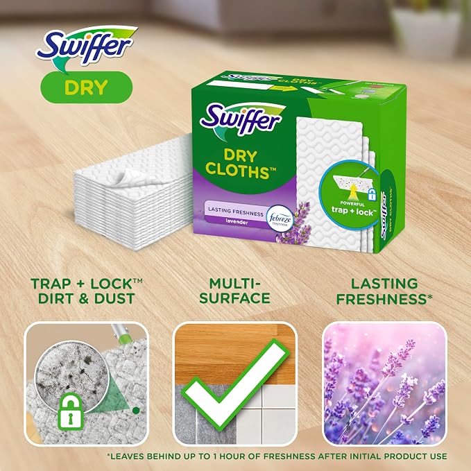 Swiffer Sweep + Mop, Dry Pads Refill, Floor Cleaner, Cleaning Cloths, Lavender, 32ct