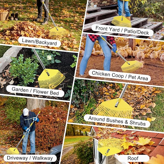 Lightweight Leaf Rake for Lawns - Anti-Break Nylon Plastic Head,Easy Yard & Garden Rake for Women,Seniors,Kids, 16.5" Wide for Leaves, Grass,Pine Needles,Gardening,Adjustable 35–65" Long Handle