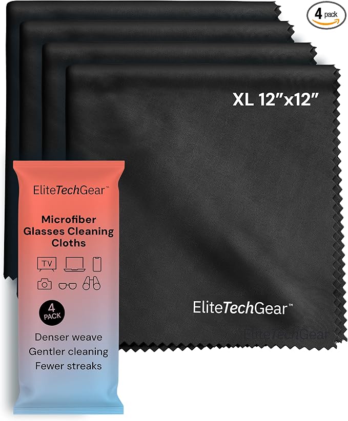 Elite Tech Gear Microfiber Cleaning Cloths for Glasses & Screens, 4-Pack | Black - Large 12"x12" - Streak-free - Safe for Delicate Lenses - Washable - Clean Glasses, TVs, Phones, DSLR & Coated Lenses
