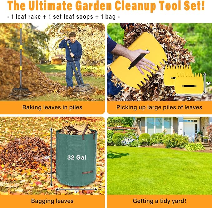 Rake for Leaves - 25 Tines Heavy Duty Metal Rake Set with Leaf Scoops & Collector Bag, Adjustable Rakes for Lawns, 3-in-1 Leaf Collection Tool for Efficient Yard Pine Needle Grass Cleanup 5FT
