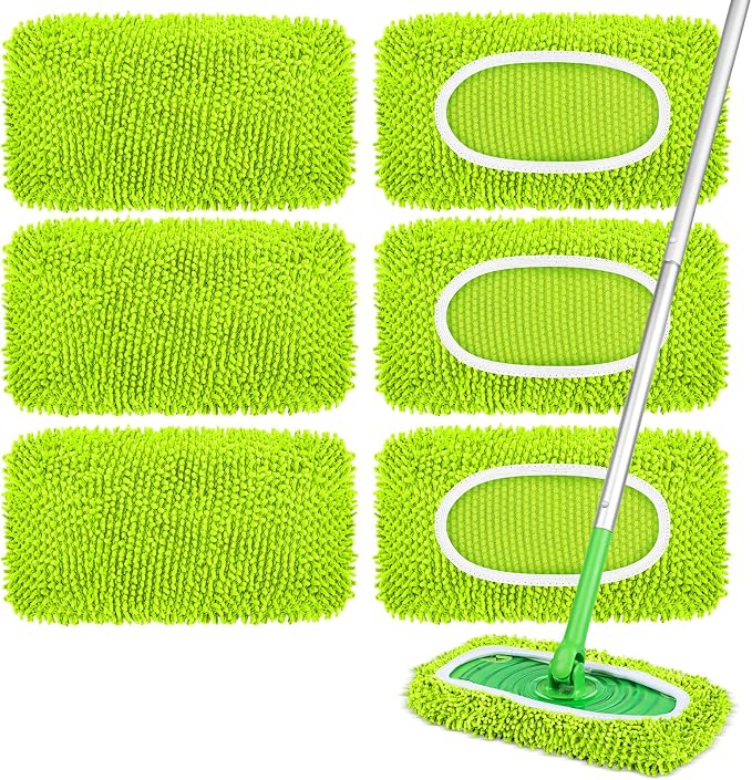 6 Pack Reusable Mop Pads Compatible with Swiffer Sweeper, Dry Sweeping Cloths & Wet Mopping Cloths - Microfiber Mop Pads for Hardwood Floors, Floor Cleaning, Wood Floors (Fluorescent Green)