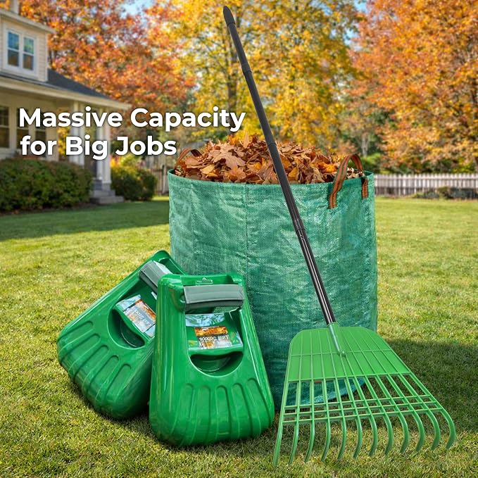 Gardzen Plastic Rake for Leaves and Hand Scoops Set | 67 inch Adjustable Long Handle, Crack Resistant Modified PE Rake, Comes with Wrist Pads, 72 Gallon Bag, Gloves