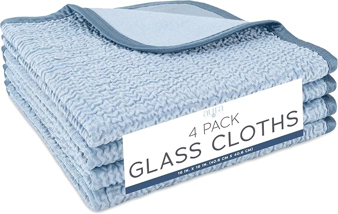 S&T INC. Aura Microfiber Glass Cleaning Cloth, 4 Pack, 16" x 16", Blue | Dual-Sided Towel, Lint-Free, Streak-Free, Reusable Cleaning Cloth for Home and Car