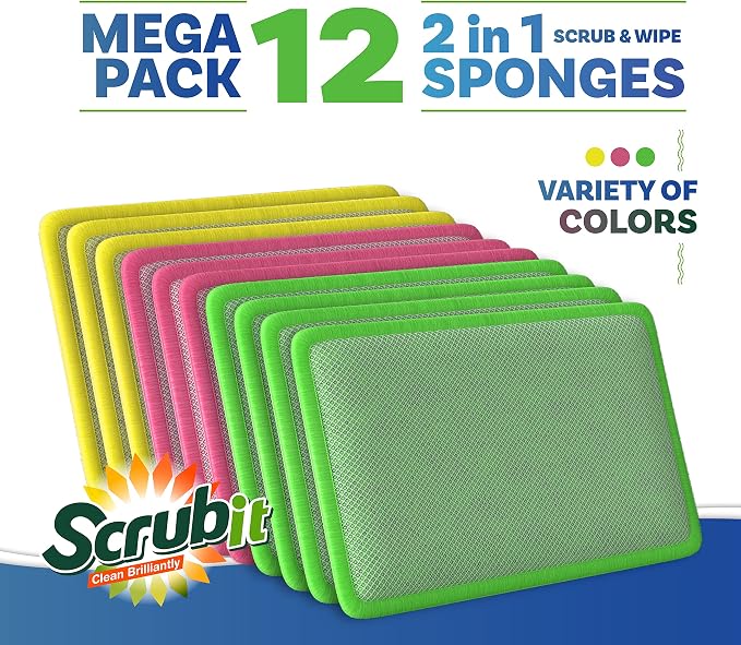 SCRUBIT - [12 Pack] Scrub and Wipe Cleaning Pads – Dual Sided Scouring Pad and Dish Sponge -Reusable Kitchen Sponge for Pots, Pans Utensils & Non-Stick Cookware - Assorted Color Dishwashing sponges