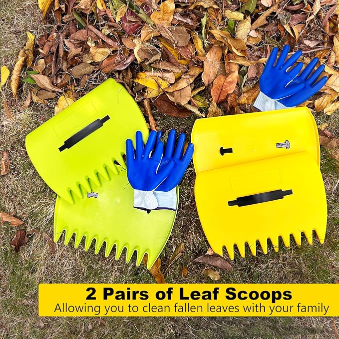 2 Sets Leaf Scoops Hand Rakes, Leaf Scoops and Claws with 2 Pairs Gloves, Lightweight Plastic Leaf Scoop, Large Leaf Grabbers for Picking Up Leaves, Clippings, Grass(2 Sets,Yellow+Green)