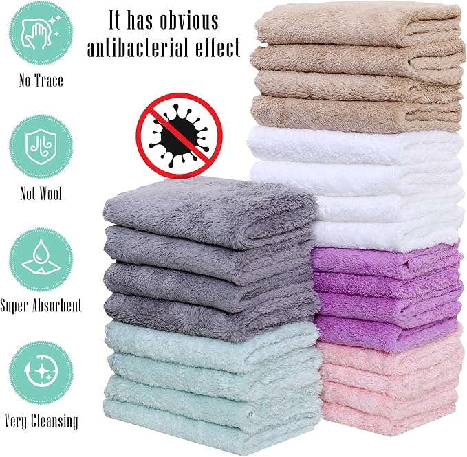 24 Pack Kitchen Dishcloths - Does Not Shed Fluff - Reusable Dish Towels, Dish cloths, Super Absorbent Coral Fleece Cleaning Cloths, Nonstick Oil Washable Fast Drying, 10 x 10 Inch (Multicolor)