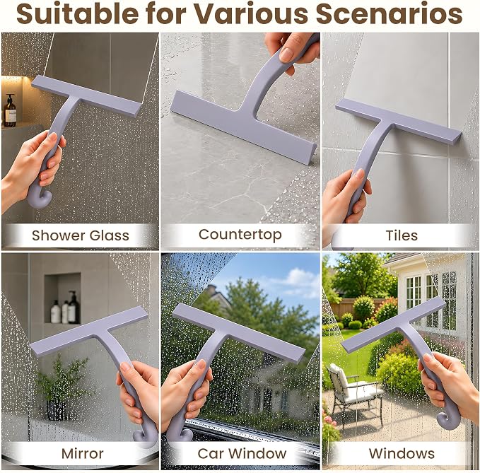 10 Inch Silicone Shower Squeegee for Glass Doors, Streak-Free, Grey | No-Squeak Silicone Blade, Ergonomic Round Grip and Built-In Hook for Quick Daily Cleaning of Shower Glass, Tile and Windows
