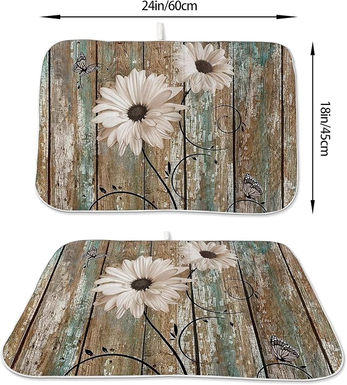 Floral Dish Drying Mat 18x24 Inches For Kitchen Counter Brown Daisy Flower Kitchen Decoration Drying Mat Decorative Floral Drying Pad for Kitchen Dining Room Decor