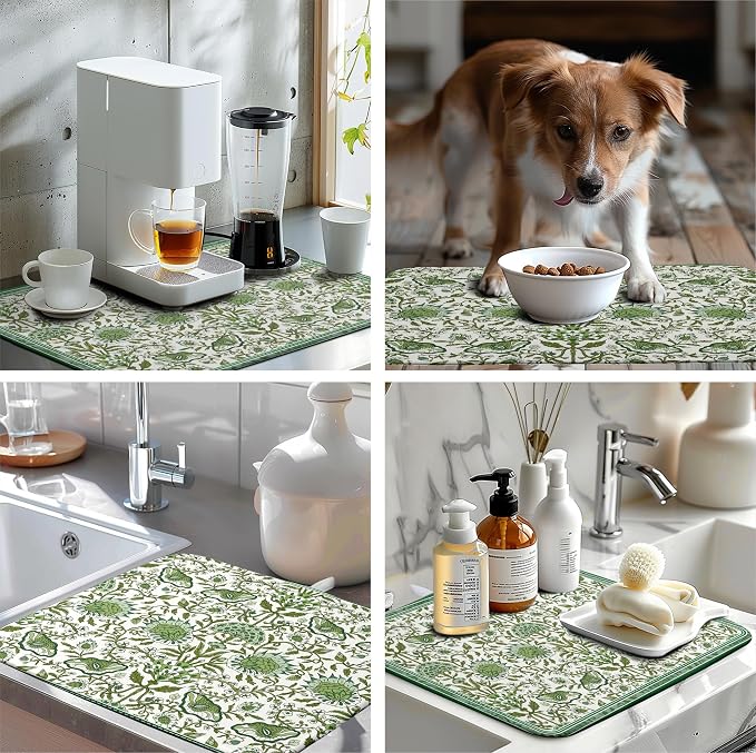 Green Floral Dish Drying Mat for Kitchen Counter 18x24 Inch Spring Summer Flowers Drying Mats Microfiber Absorbent Dish Drainer Pad Reusable Washable Dish Draining Mat for Coffee Bar Sink