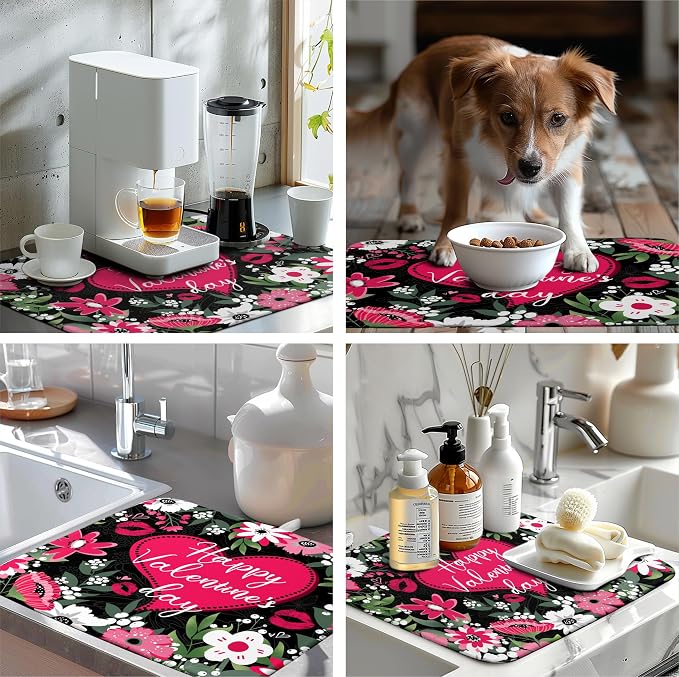 Heart Dish Drying Mat - 16x18 Inch Absorbent Dish Drainer Rack Mat - White Red Rose Floral Drying Pad - Valentine's Day Kitchen Accessories