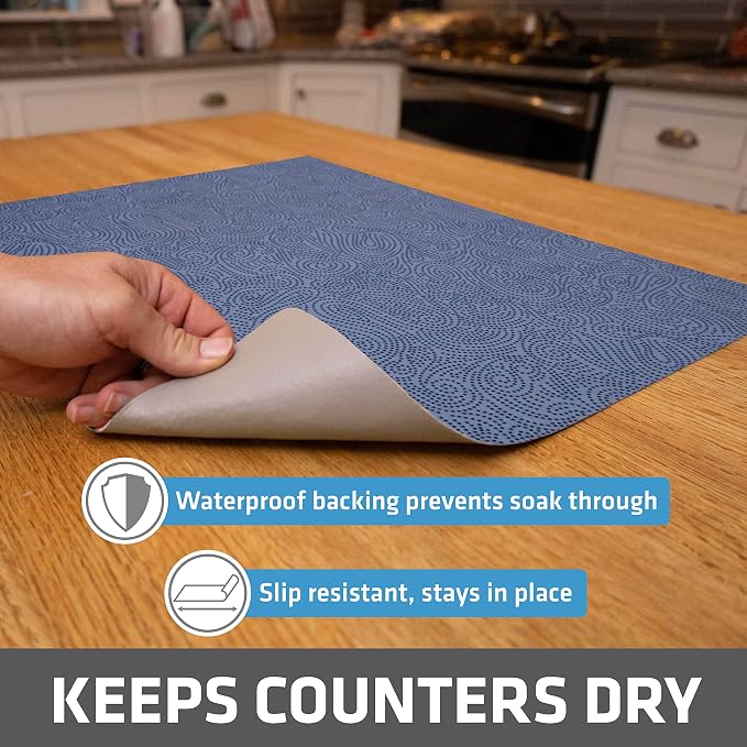 Drymate Jumbo XL Dish Drying Mat (19”x24”), Low-Profile, Super Absorbent, Quick Dry Fabric, Waterproof & Slip-Resistant, for Kitchen Counter, Trimmable, Easy to Clean (USA Made)(Blue)