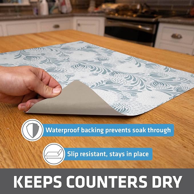 Drymate Jumbo XL Dish Drying Mat (19”x24”), Low-Profile, Super Absorbent, Quick Dry Fabric, Waterproof & Slip-Resistant, for Kitchen Counter, Trimmable, Easy to Clean (USA Made)(Light Blue)