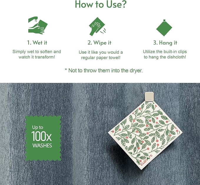 Eulnars Swedish Dishcloths for Kitchen, 8 Pack Green Reusable Paper Towels with Clips, Non-Scratch Swedish Kitchen Towels, Super Absorbent Cellulose Sponge Cloths, Dishwasher Safe, No Odor