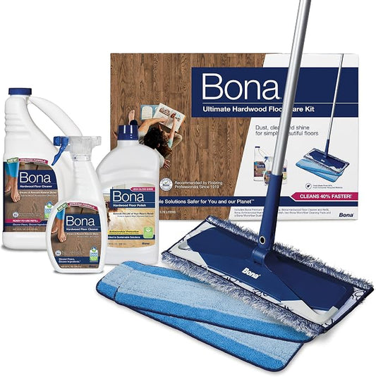 Bona Ultimate Hardwood Floor Care Kit – Pivoting Mop, Cleaning Solution & Refill, Floor Polish, Microfiber Pads for Dusting, Mopping & Polishing