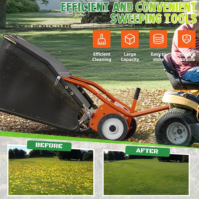 48" Lawn Sweeper Tow Behind, Pull Behind Lawn Sweeper with 25.16 cu. ft Large Hopper, Heavy Duty Leaf & Grass Collector, Adjustable Brush Height Lever and Dumping Rope, Lawn and Yard Cleanup Tool