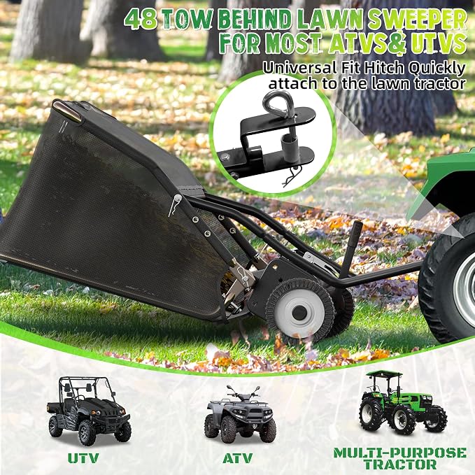 48" Lawn Sweeper Tow Behind, Pull Behind Lawn Sweeper with 25.16 cu. ft Large Hopper, Heavy Duty Leaf & Grass Collector, Adjustable Brush Height Lever and Dumping Rope, Lawn and Yard Cleanup Tool