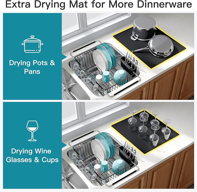 JASIWAY Black Dish Drying Rack in Sink with Mat, Expandable Stainless Steel Dish Drainers for Kitchen Counter, Space Saving Dish Dryer for Inside Sink, Over Sink Dish Racks with Utensil Holder
