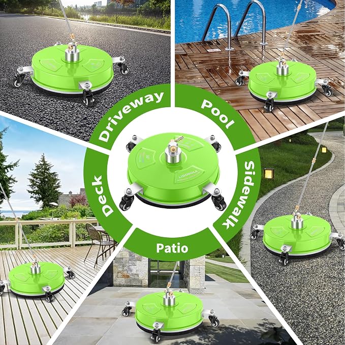 LidoDola 14'' Pressure Washer Surface Cleaner Green, Power Washer Accessory | Stainless Steel Housing with 4 Wheels, 1/4" QC, 2 Extension Wands & 2 Replacement Nozzles, for Gas & Electric Pressure Washer