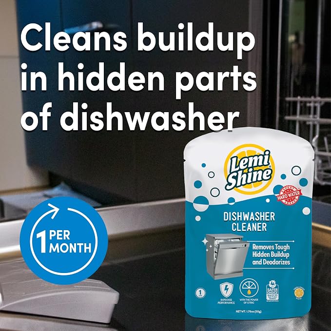 Lemi Shine Natural Dishwasher Cleaner and Deodorizer - 1.76 oz | Hard Water Citric Acid Cleaning Powder - Lemon Scented Eco-Friendly Dishwasher Cleaner & Deodorizer