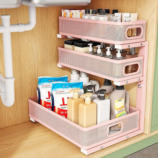 Kitstorack Under Sink Organizer, 1-Pack 3-Tier Height Adjustable Thickened Metal Pull out Cabinet Organizer Shelf, Slide out Storage Drawer Rack for Bathroom Kitchen Pantry Home Organization, Pink