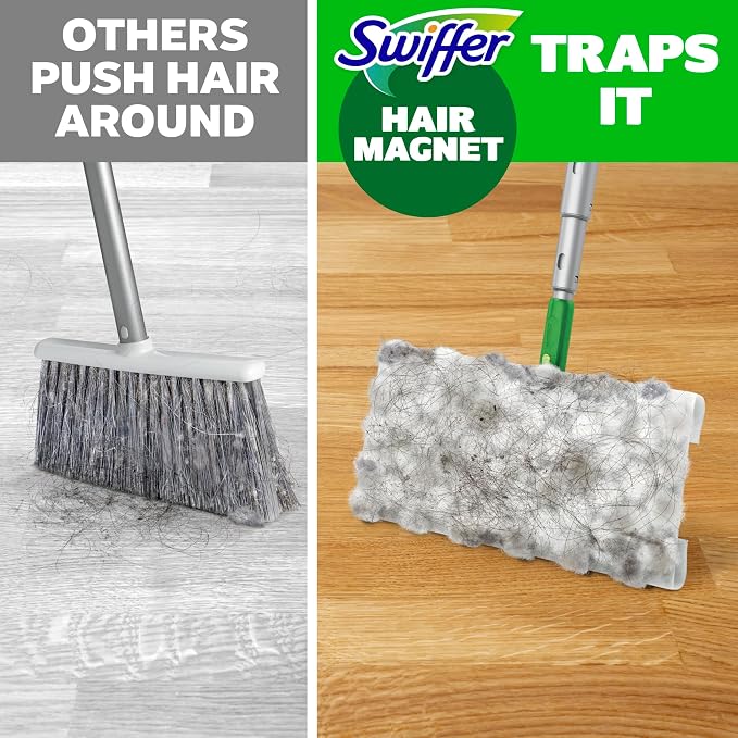 Swiffer Hair Magnet Deluxe Starter Kit with Collapsible Pole, 9 Hair Magnet Dry Cloths, 2 Bonus Mop & Go Wet Cloths