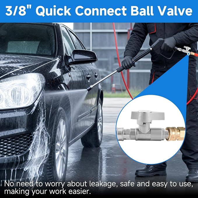 Ball Valve Pressure Washer– 3/8" Quick Connect Shut Off Valve for Power Washer Hose, 5000 PSI, Stainless Steel, Ideal for Fast Switching Between Surface Cleaner & Spray Gun