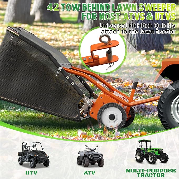 48" Lawn Sweeper Tow Behind, Pull Behind Lawn Sweeper with 25.16 cu. ft Large Hopper, Heavy Duty Leaf & Grass Collector, Adjustable Brush Height Lever and Dumping Rope, Lawn and Yard Cleanup Tool