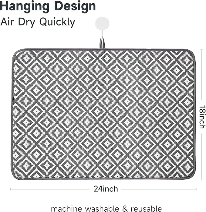 Subekyu 2 Pack Dish Drying Mat, 24*18 inch Ultra Absorbent Microfiber Dishes Drainer Mats for Kitchen Counter, Large Size Dish Drying Pad with Rhombus patterns