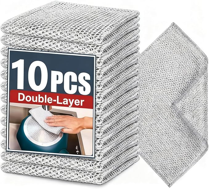 Double-Layer Steel Wire Cleaning Cloth - Non-Scratch Wire Dishcloth Rag Heavy Duty Scrub Pads Multi-Purpose Silver Mesh Scouring Pads for Dishes, Pots, Pans (10 pcs)