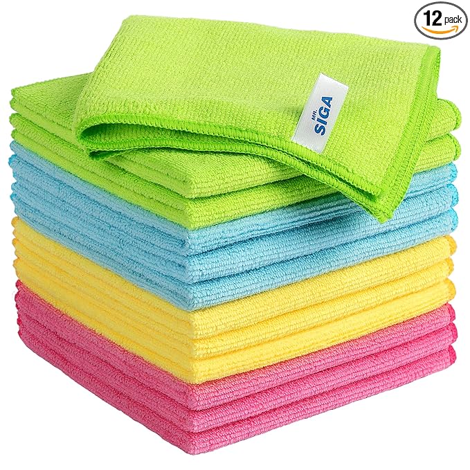 MR.SIGA Microfiber Cleaning Cloths, Streak Free Microfiber Towels, 12 Pack | Ultra absorbent and high density, reusable cleaning towels for kitchen, car, glass and household surfaces, color coded cloths