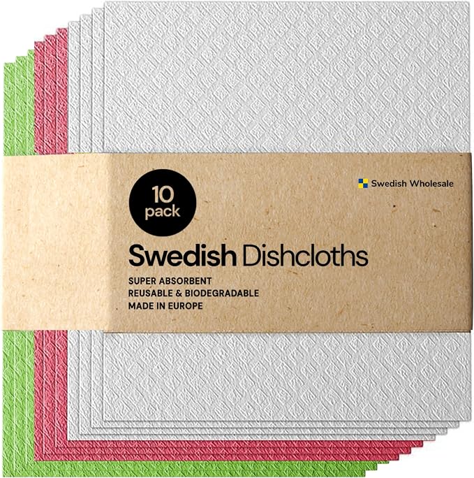 Swedish Wholesale Dishcloths Reusable 8" x 7" Sponge Cloths, Bulk 10 Pack of High Absorbent Cellulose Dish & Kitchen Cleaning Hand Towels, Wring to Dry & Machine Wash, Odor Resistant, Assorted Colors