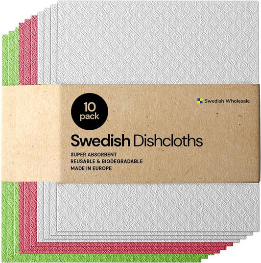 Swedish Wholesale Dishcloths Reusable 8" x 7" Sponge Cloths, Bulk 10 Pack of High Absorbent Cellulose Dish & Kitchen Cleaning Hand Towels, Wring to Dry & Machine Wash, Odor Resistant, Assorted Colors