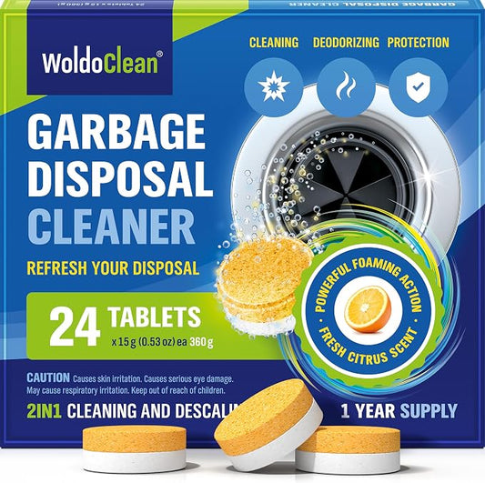 WoldoClean Garbage Disposal Cleaner Tablets 24 Pack - Citrus Deodorizer | Foaming sink drain freshener tabs, kitchen smell eliminator, odor remover