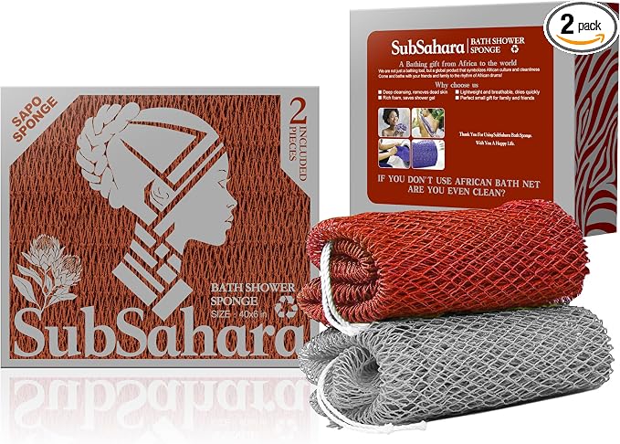 SubSahara Authentic African Net Sponge - 2 Pack Exfoliating Bath & Shower Loofah Sponge for Body & Face, Gentle Scrubber for All Skin Types, Travel, Durable (Gray & Rust Red)