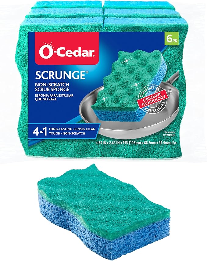 O-Cedar Scrunge Non-Scratch Scrub Sponge Multi-Use,All-Purpose,Odor-Resistant,Scrubbing Sponge Safely Cleans All Hard Surfaces in Kitchen and Bathroom,6 Count (Pack of 2)
