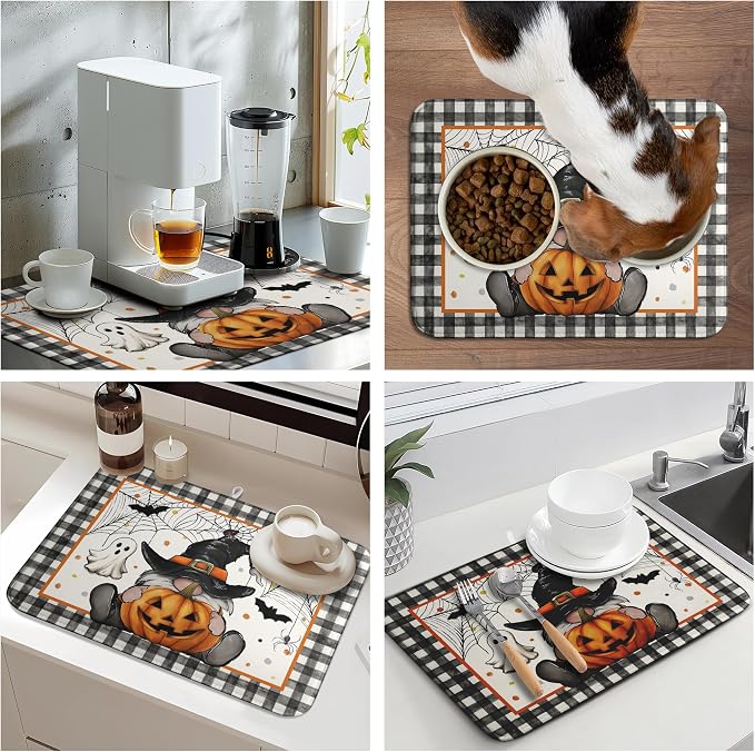 Halloween Gnomes Dish Drying Mat Bats Pumpkins Large Kitchen Mats Dish Drying Pad Buffalo Plaid Absorbent Dish Dryer Mat for Kitchen Countertops Microfiber Drainer Pad Dish Drying Mats (18x24 in)